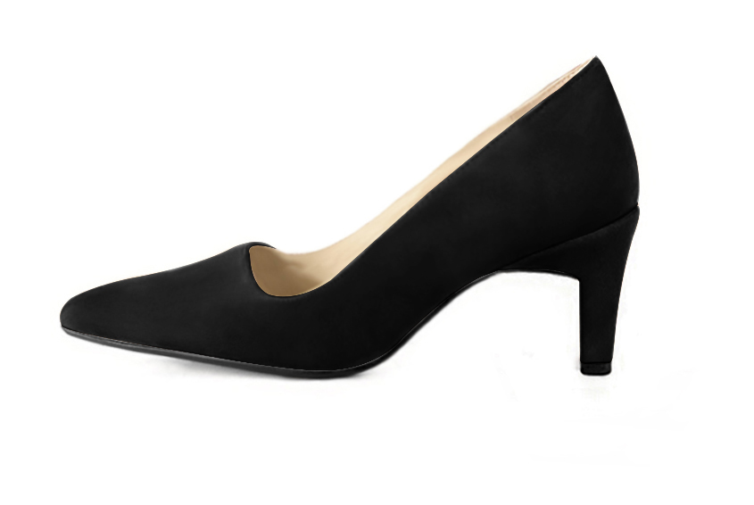 Matt black women's dress pumps,with a square neckline. Tapered toe. Medium comma heels. Profile view - Florence KOOIJMAN